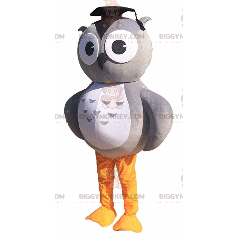 Costume de mascotte BIGGYMONKEY™ de hibou gris et blanc avec un