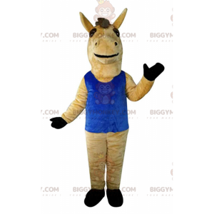 BIGGYMONKEY™ maskottiasu, ruskea hevonen, sinisellä toppi