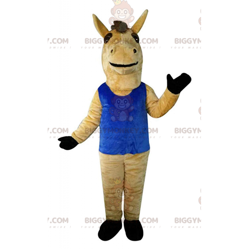 BIGGYMONKEY™ Mascot Costume Brown Horse With Blue Tank Top