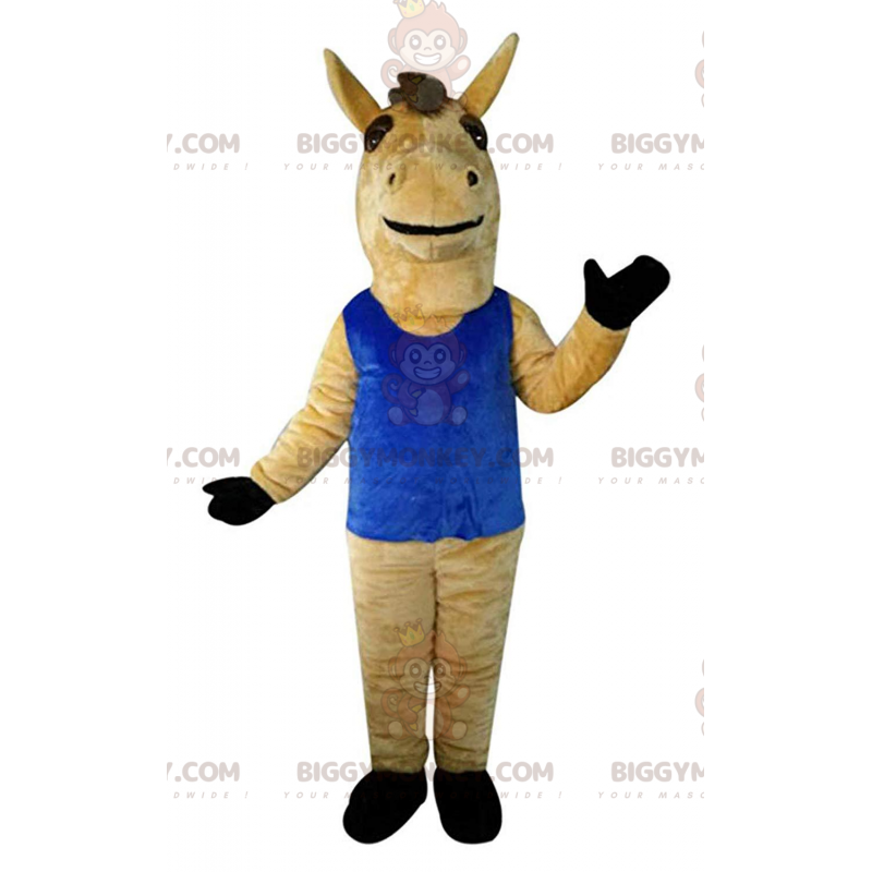 Traje de mascote BIGGYMONKEY™ Cavalo marrom com regata azul