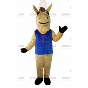 BIGGYMONKEY™ Maskotdräkt Brun häst med blå linne, jättehäst -