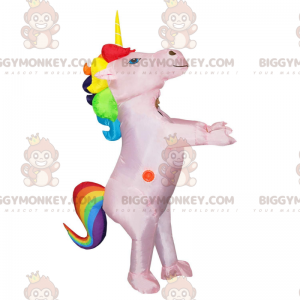 Oppustelig Pink Unicorn BIGGYMONKEY™ maskotkostume med farverig