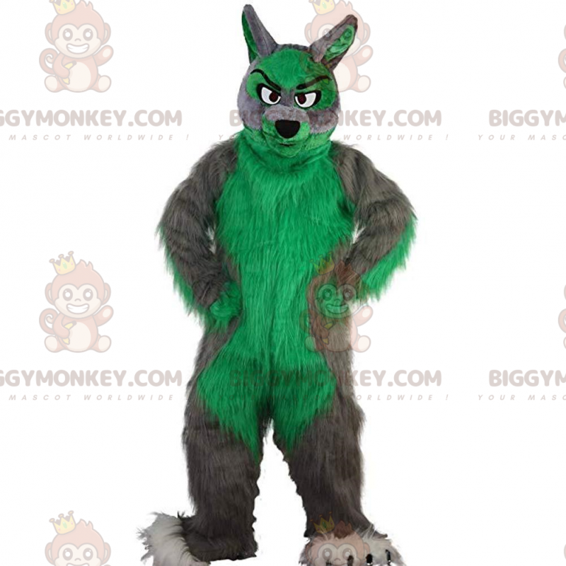 Kostým maskota BIGGYMONKEY™ šedý a zelený vlk, chlupatý a