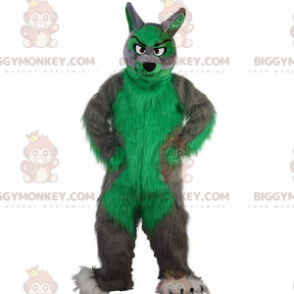 BIGGYMONKEY™ maskottiasu harmaa ja vihreä susi, karvainen ja