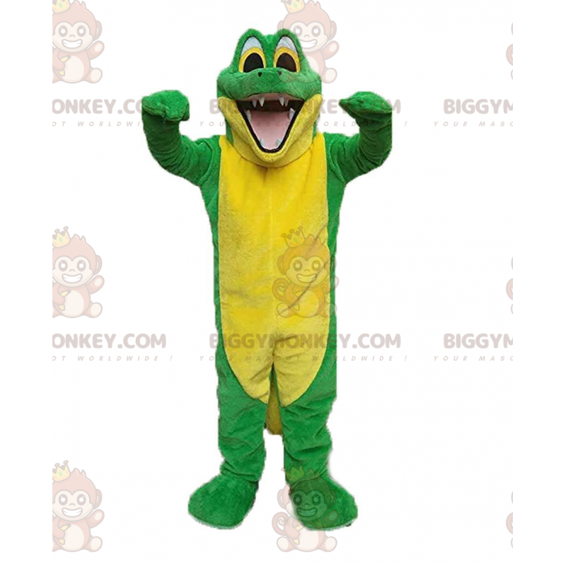 Grön och gul krokodil BIGGYMONKEY™ maskotdräkt, alligatordräkt