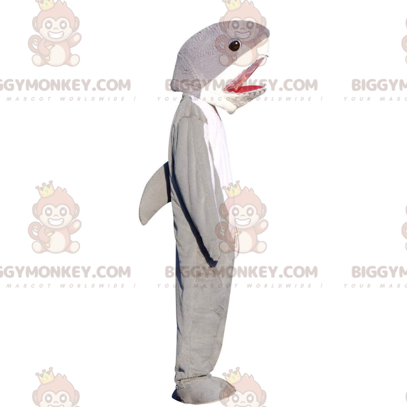 Grå och vit haj BIGGYMONKEY™ maskotdräkt, stor fiskdräkt -