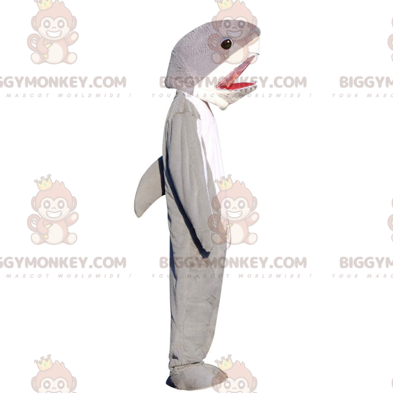 Traje de mascote de tubarão cinza e branco BIGGYMONKEY™, traje