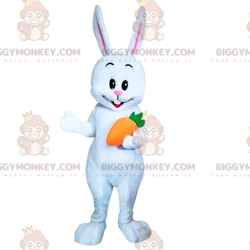 BIGGYMONKEY™ Maskottchenkostüm weißer Hase mit Karotte