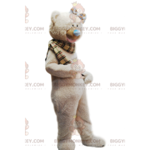 Κοστούμι μασκότ BIGGYMONKEY™ Cozy μπεζ αρκούδα και καρό φουλάρι