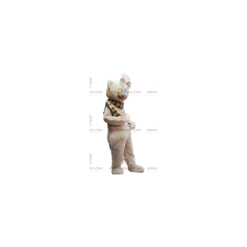 BIGGYMONKEY™ Mascot Costume Cozy Beige Bear and Plaid Scarf –