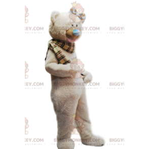 BIGGYMONKEY™ Mascot Costume Cozy Beige Bear and Plaid Scarf –