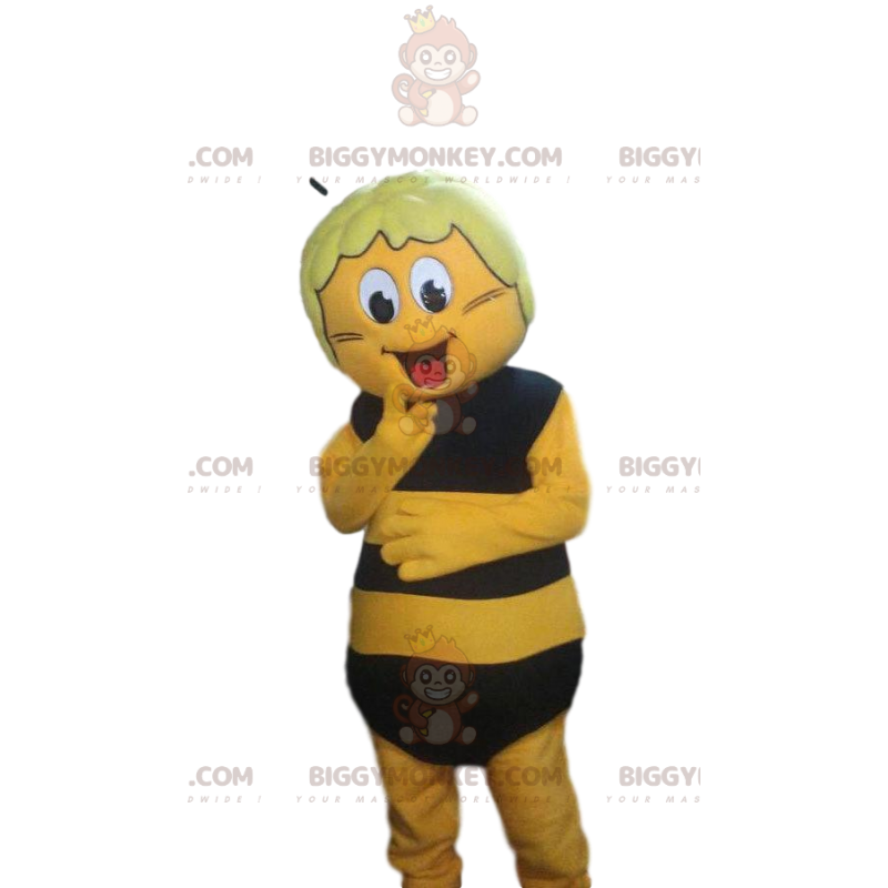 BIGGYMONKEY™ Costume da mascotte ape gialla e nera, espressivo