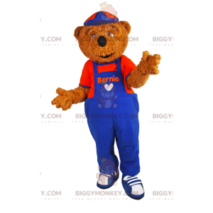 Costume da mascotte dell'orso bruno BIGGYMONKEY™ con tuta blu e