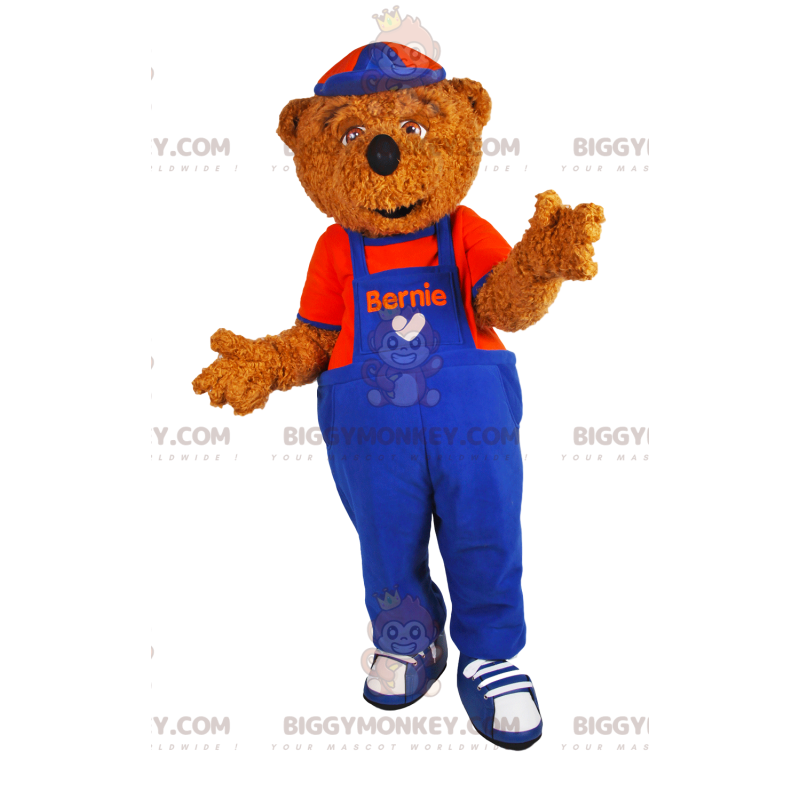 Brun björn BIGGYMONKEY™ maskotdräkt med blå och röda overaller!