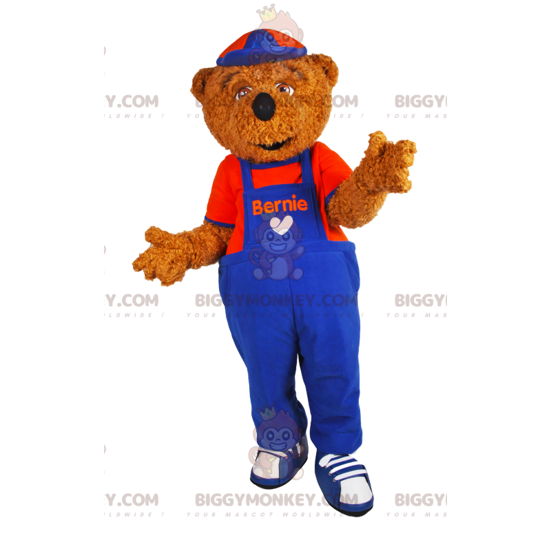 Traje de mascote de urso pardo BIGGYMONKEY™ com macacão azul e