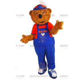 Traje de mascote de urso pardo BIGGYMONKEY™ com macacão azul e