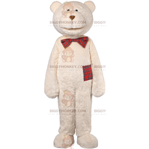 Disfraz de mascota BIGGYMONKEY™ Oso beige y lazo escocés -