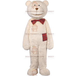 BIGGYMONKEY™ Costume da mascotte Orso beige e fiocco scozzese -