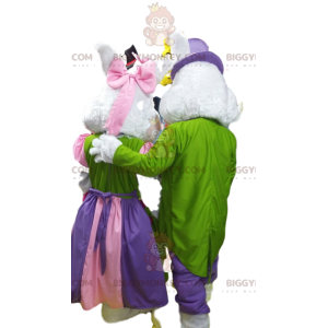 BIGGYMONKEY™ paar witte konijnen mascottekostuum in kleurrijke
