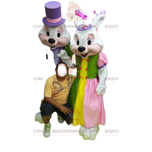 Costume de mascotte BIGGYMONKEY™ couple de lapins blancs en