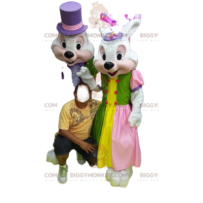 Costume de mascotte BIGGYMONKEY™ couple de lapins blancs en