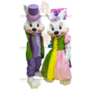 BIGGYMONKEY™ paar witte konijnen mascottekostuum in kleurrijke