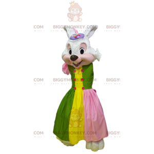 Kostým maskota BIGGYMONKEY™ bílého králíka ve večerních šatech