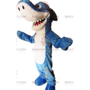 Fato de mascote de tubarão azul e branco incrível e engraçado