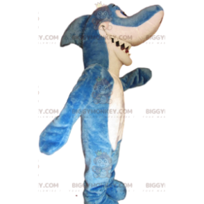 Fato de mascote de tubarão azul e branco incrível e engraçado