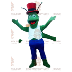 Groene krekel BIGGYMONKEY™ mascottekostuum met rode hoge hoed -