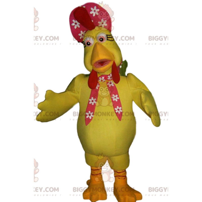 Traje de mascote BIGGYMONKEY™ Galinha amarela e seu chapéu