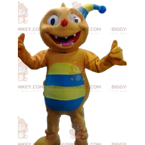 Orange och blå komisk King Jester BIGGYMONKEY™ maskotdräkt. -