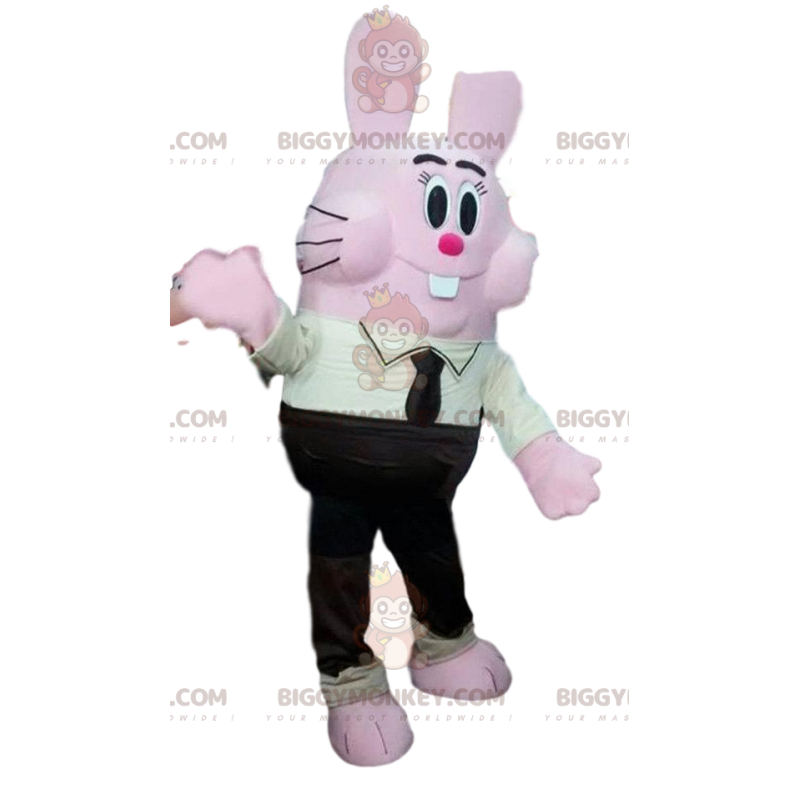 BIGGYMONKEY™ Mascot Costume Comic Pink Bunny in Black Suit &
