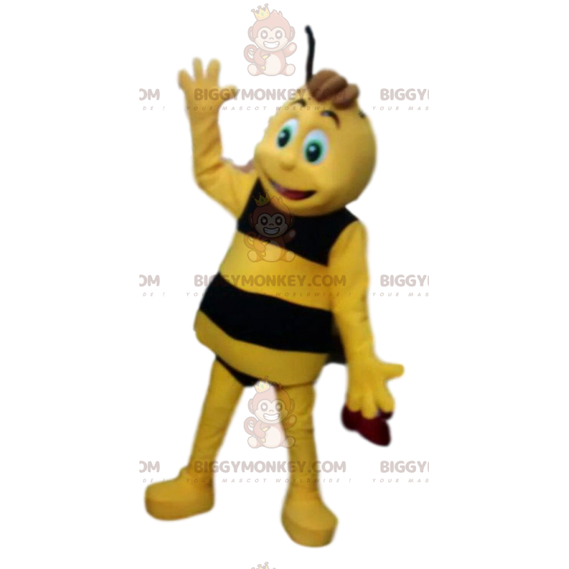 Lindo y travieso disfraz de mascota de abeja amarilla y negra