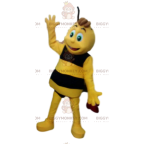 Lindo y travieso disfraz de mascota de abeja amarilla y negra
