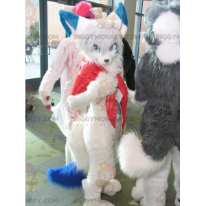Encantador y peludo disfraz de mascota de gato blanco y azul