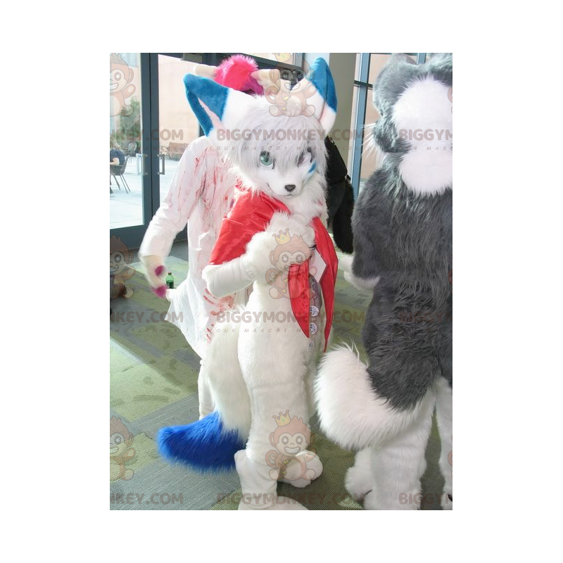 Kostium maskotka czarujący i futrzany biało-niebieski kot