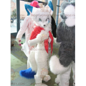 Γοητευτική και γούνινη λευκή και μπλε στολή μασκότ γάτας