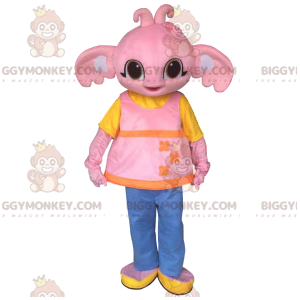 Traje de mascote BIGGYMONKEY™ fofo bebê elefante rosa e túnica