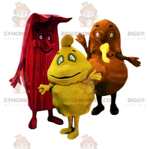 Trio de mascotte BIGGYMONKEY™ étranges rouge, jaune et marron -