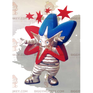 Fantasia de mascote BIGGYMONKEY™ estrela vermelha, azul e prata