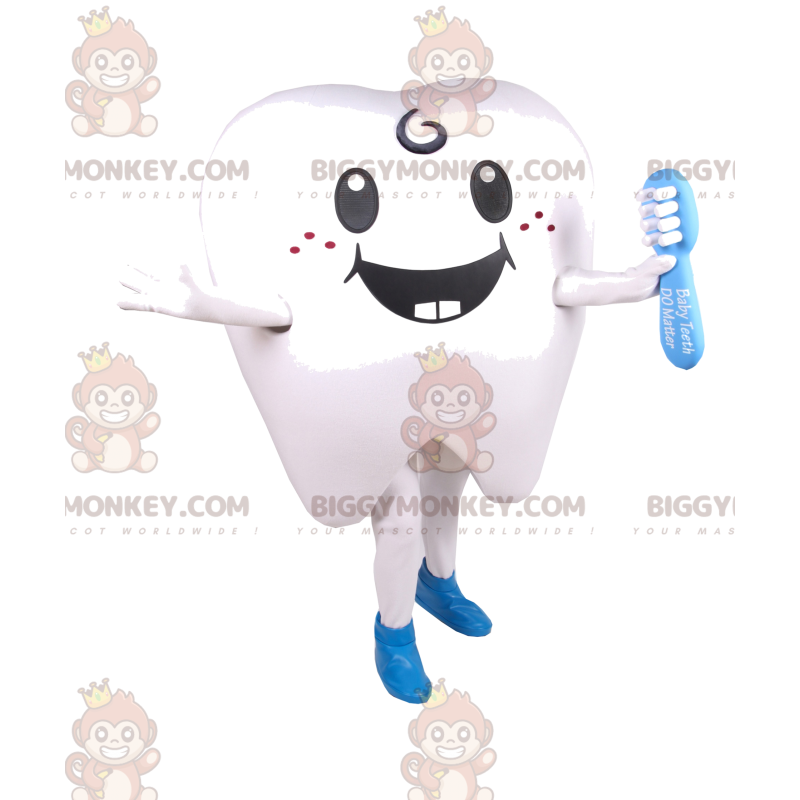 BIGGYMONKEY™ mascottekostuum van lachende witte tand en blauwe