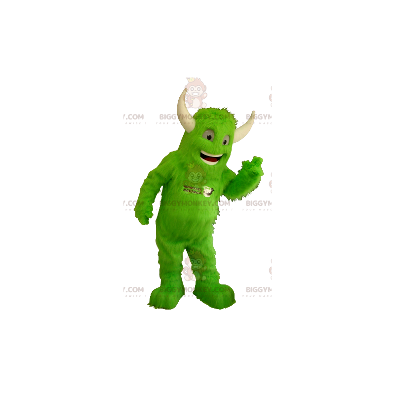 BIGGYMONKEY™ maskotkostume Helt pelsgrønt monster med horn -