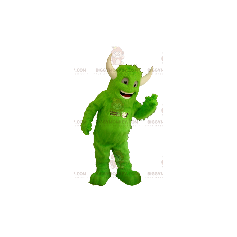 Στολή μασκότ BIGGYMONKEY™ All Furry Green Monster με κέρατα -