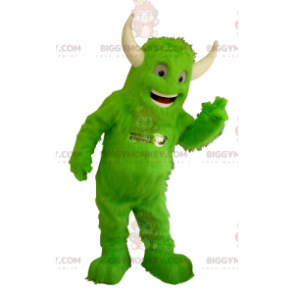 BIGGYMONKEY™ Mascot Costume All Furry Green Monster with Horns