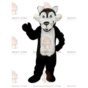 Traje de mascote BIGGYMONKEY™ preto e branco de lobo cruel com