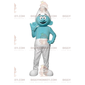 Blue Smurf BIGGYMONKEY™ maskottiasu valkoisella pipolla -