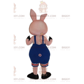 BIGGYMONKEY™ maskotdräkt av liten rosa gris med blå overall -