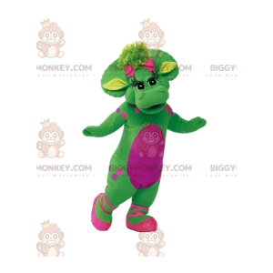 BIGGYMONKEY™ μασκότ στολή πράσινος θηλυκός δεινόσαυρος με ροζ