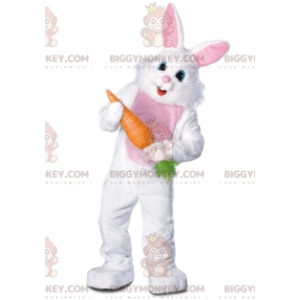 BIGGYMONKEY™ Mascot Costume of Cheerful White Rabbit Carrying a